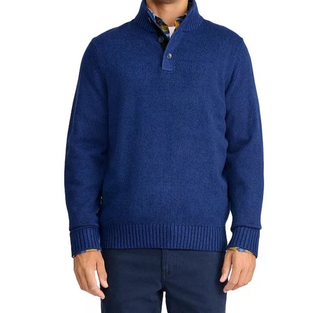 IZOD Men's  Marled Blue Button Mock Wardrobe Basic Sweater  Size Large